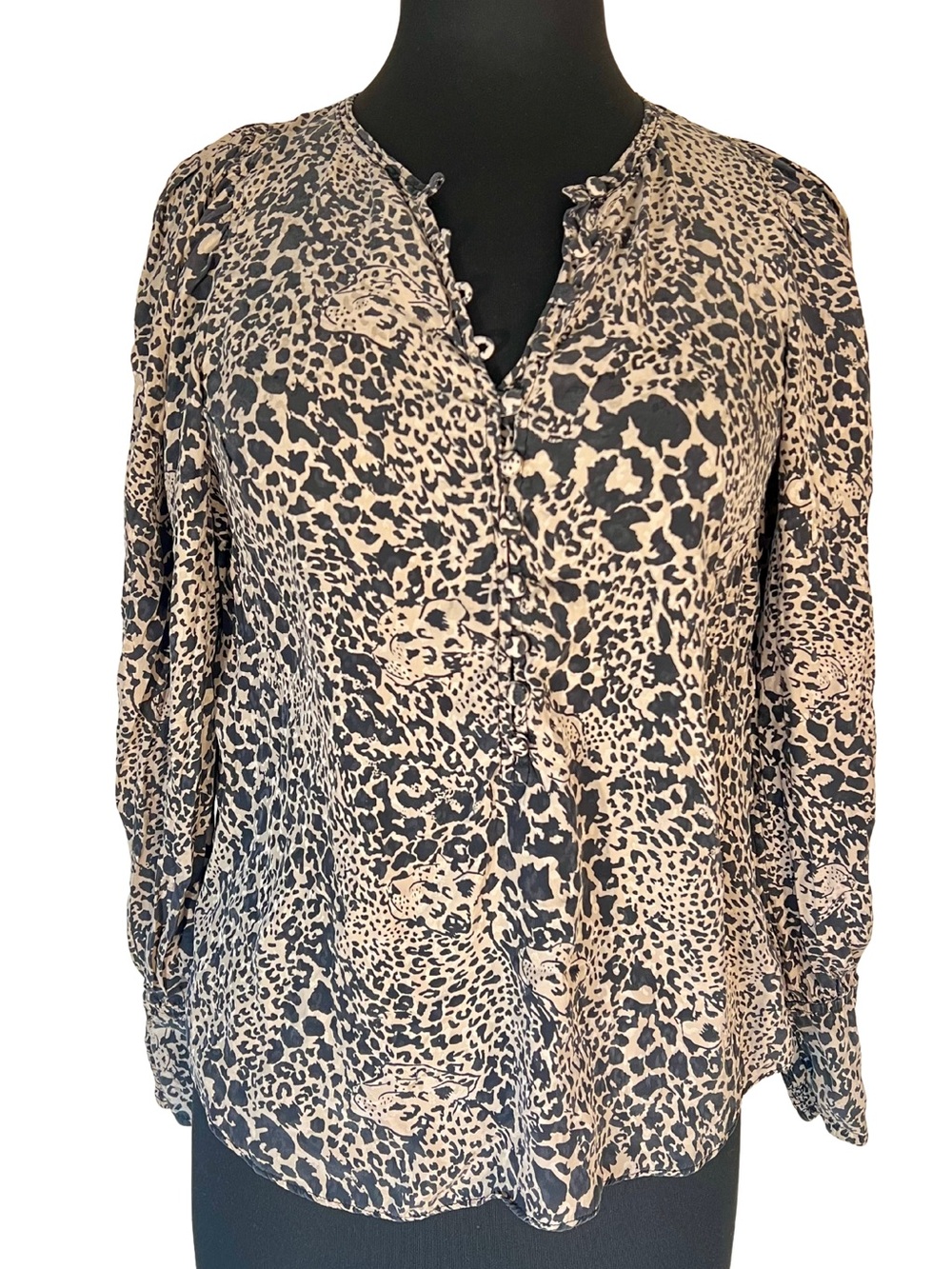Rebecca Taylor Silk Brown Tan Beige and Black Leopard Print Face Button Blouse